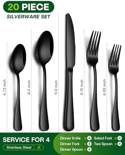20 Piece Black Silverware Set, Stainless Steel Flatware Set for 4 Food Grade Cutlery Utensil Set Include Knife Fork Spoon Mirror Polished Dishwasher Safe - Image 3