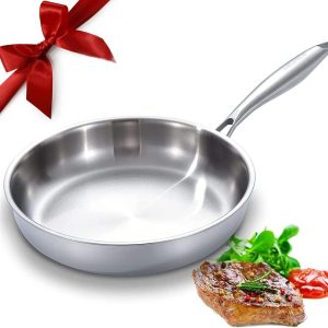 DELARLO Tri-Ply Stainless Steel Frying Pan, All Cooktops Compatible Up to 650℉, Oven Safe Induction Skillet, 12.5 inch Non toxic Cooking Surface, Fast & Even Heat, Durable Cookware