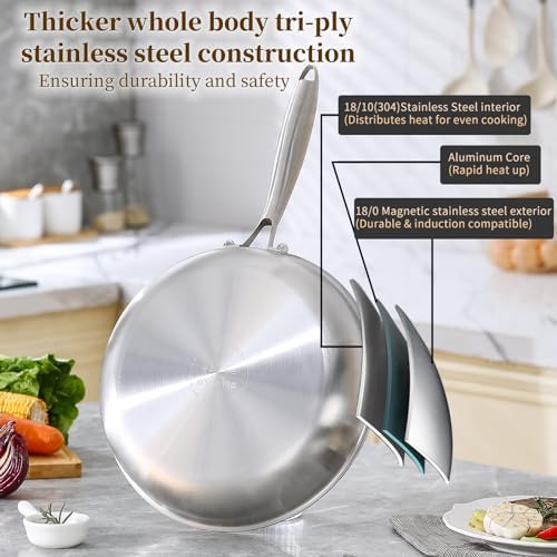 DELARLO Tri-Ply Stainless Steel Frying Pan, All Cooktops Compatible Up to 650℉, Oven Safe Induction Skillet, 12.5 inch Non toxic Cooking Surface, Fast & Even Heat, Durable Cookware - Image 3