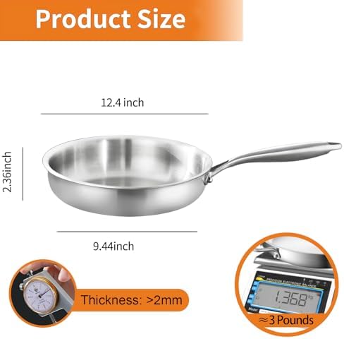 DELARLO Tri-Ply Stainless Steel Frying Pan, All Cooktops Compatible Up to 650℉, Oven Safe Induction Skillet, 12.5 inch Non toxic Cooking Surface, Fast & Even Heat, Durable Cookware - Image 4