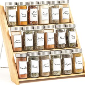 Orii 18 Jar Bamboo Compact Spice Organizer for Countertop and Kitchen Drawer, Filled with Spices, Program